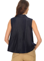Lyocell Pleated Sleeveless Denim Shirt - Image 3
